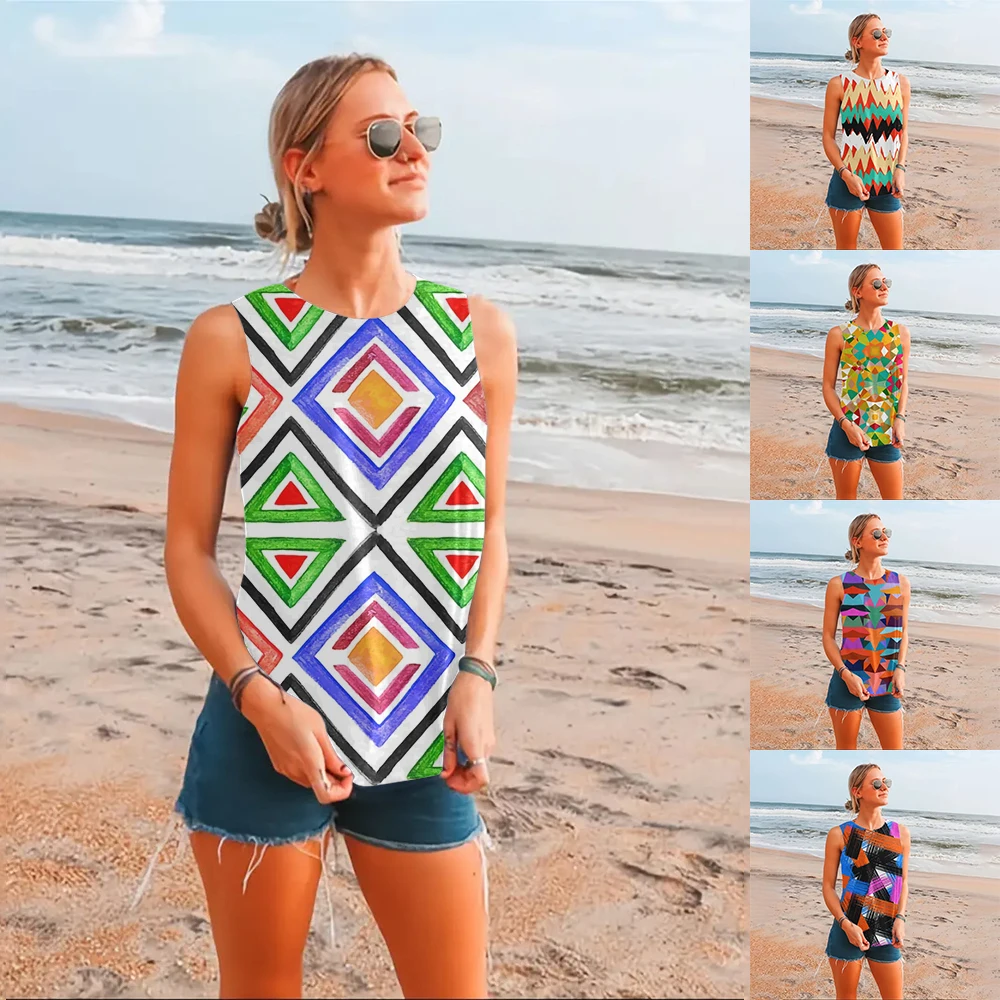 2024 New Bohemian Round Neck Top Geometric Pattern Large Size Loose Breathable Comfortable Most Refreshing Short Sleeve