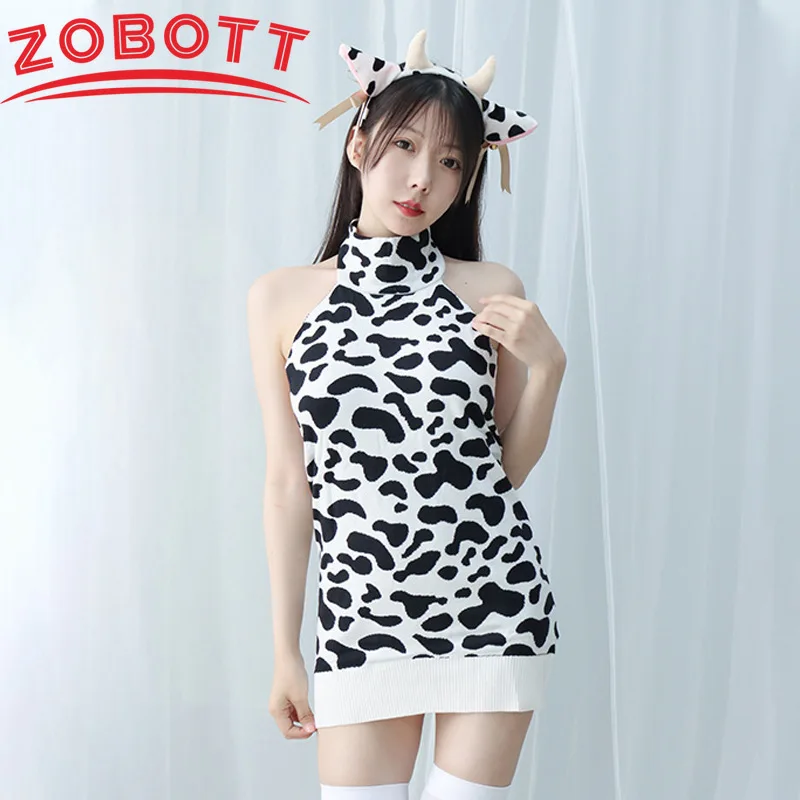 Cow Print dolcevita maglione lavorato a maglia vestito donna giappone stile coreano Virgin Killer Sexy Off spalla Backless Pullover Mini abito