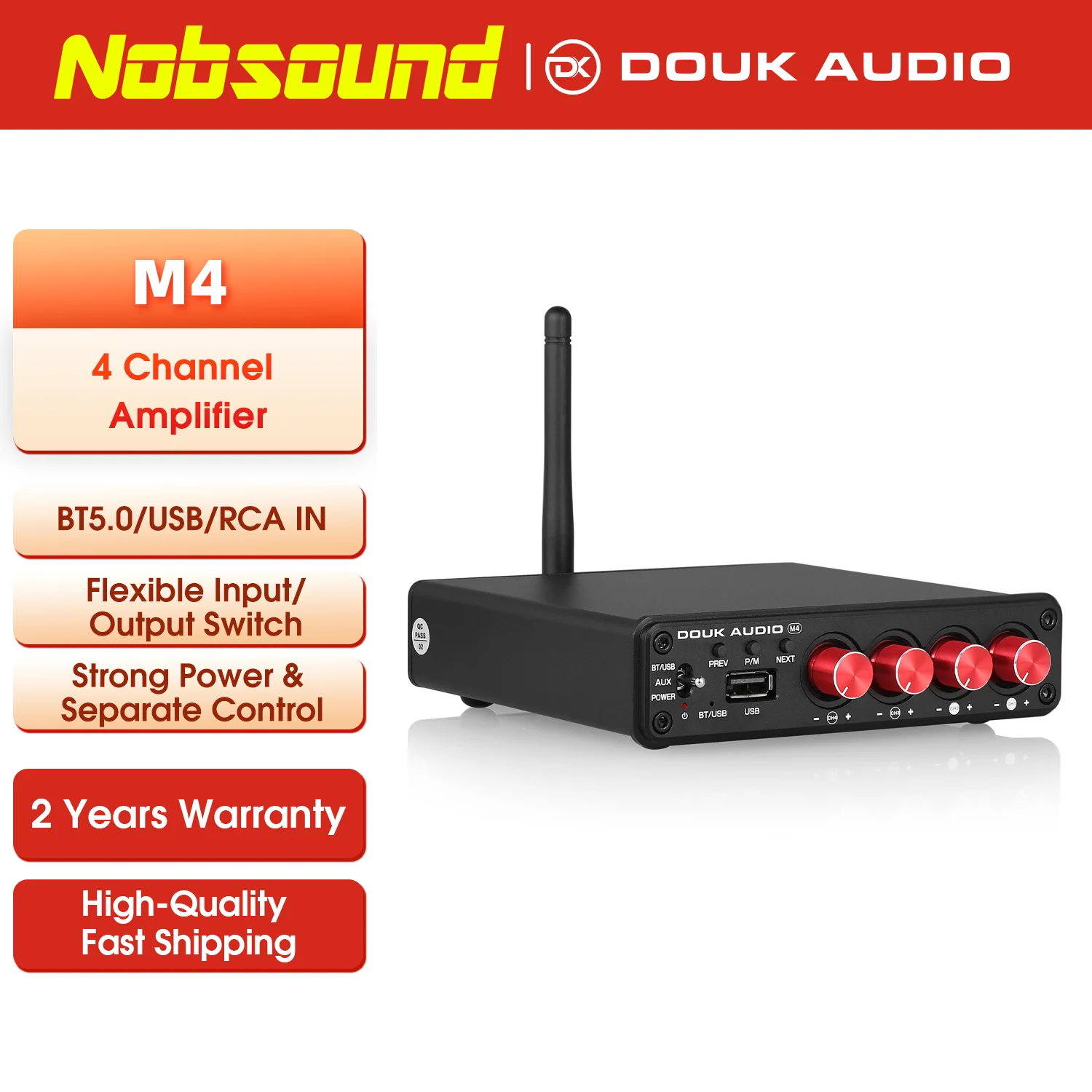 

Nobsound HiFi Stereo Bluetooth 5.0 Digital Power Amplifier USB Music Player 2/4 Channel Home Multi Zone Audio Amp Receiver 50W*4