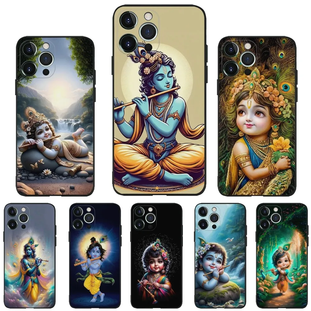 Indian God Lord Krishna Phone Case for Apple iPhone, 13, 14,13,12,11,XS,XR,X,8,7,Pro,Max,Plus, Mini Silicone Cover Black