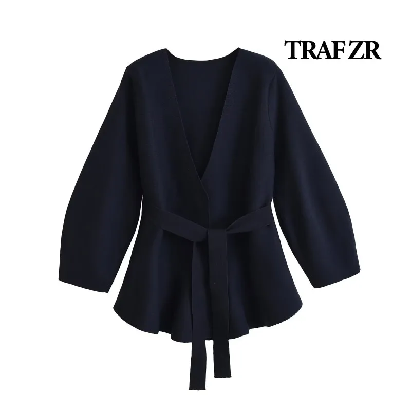 TRAF ZR Sashes Cardigan Ladies Long Sleeve Women\'s Autumn Sweater Harajuku Vintage Cozy Sweaters V-neck Cropped Cardigan