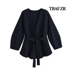 TRAF ZR Sashes Cardigan Ladies Long Sleeve Women's Autumn Sweater Harajuku Vintage Cozy Sweaters V-neck Cropped Cardigan