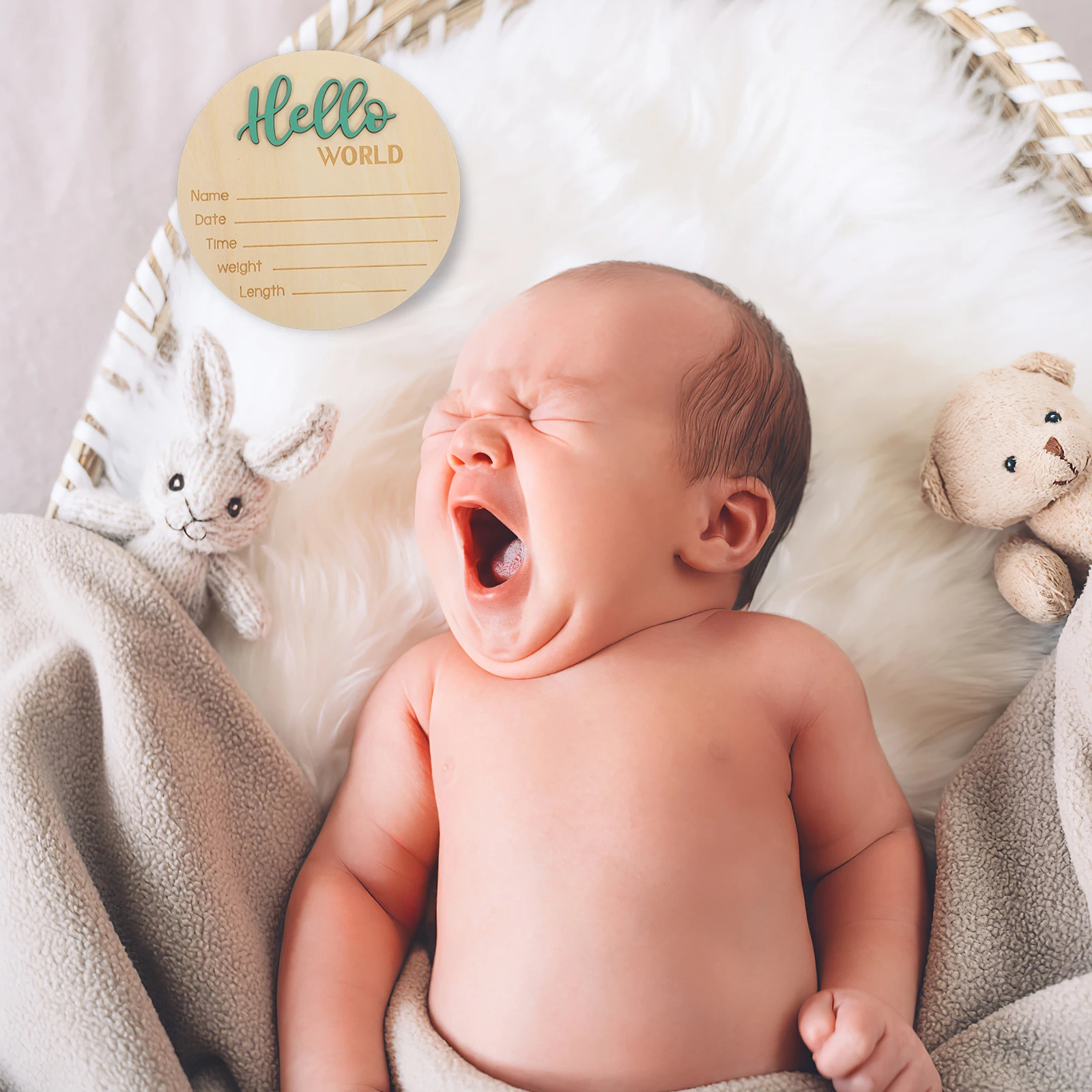 

Wooden Circular Birth Announcement Sign for Newborn Baby Name Infant Round Prop Footprint Keepsake