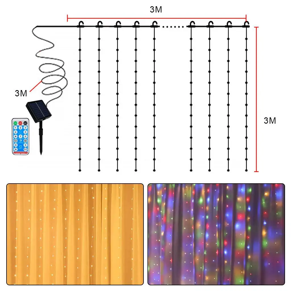 Solar Curtain Lights 3 Timer Settings Warm White 3M X 3M 300 LEDs Remote Control 8 Lighting Modes for Garden Balcony Patio