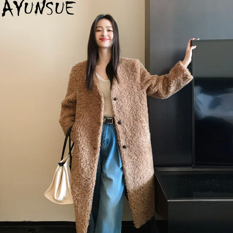 

AYUNSUE High Quality Pure Wool Coat Women 2023 Winter Korean Fashion 100% Sheep Shearing Jacket Long Fur Coats Casaco Feminino