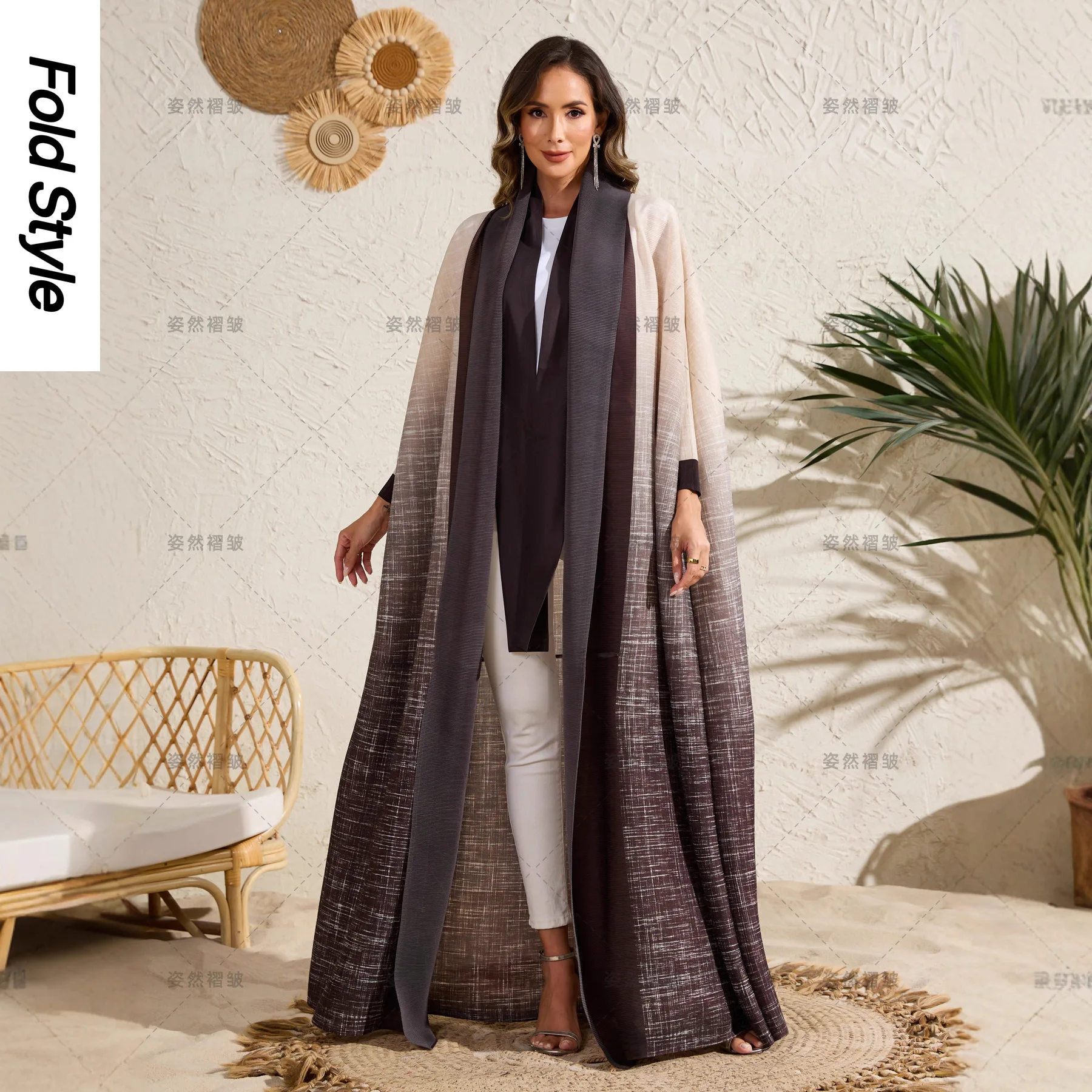 

2025 Summer Fashion Loose Cardigan Women's Lapel Long-sleeved Miyake Fold Gradual Change Color Printing Long-sleeved Jacket