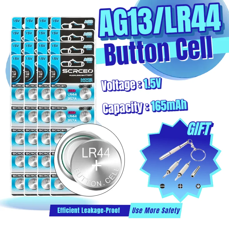 

LR44 AG13 357 Battery 1.55V Alkaline Button Cell for Watch Toys Remote - SR44 A76 L1154 SP76 LR1154 Pila Coin