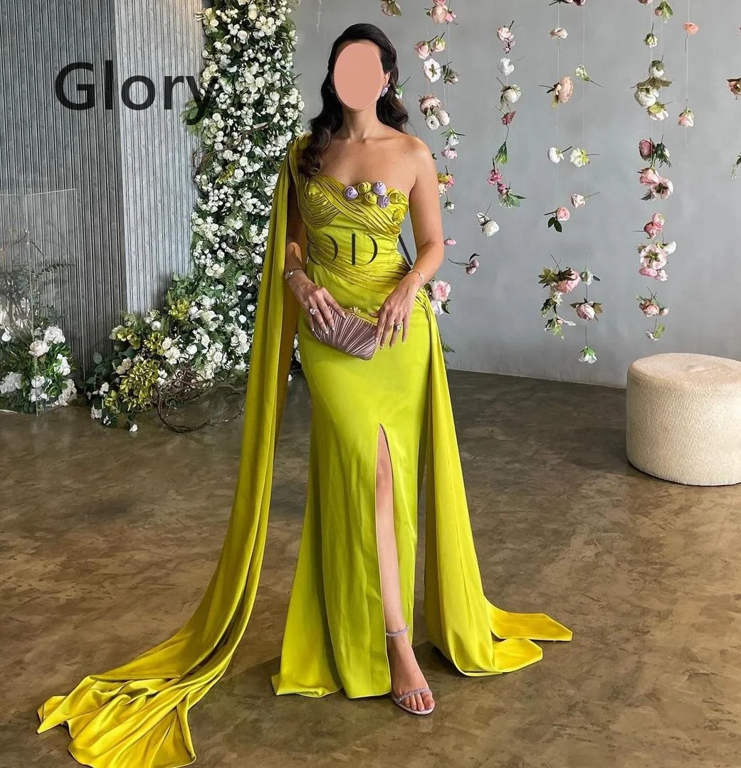 Flowers Strapless Prom Dresses Gala One Shoulder Evening Dress Yellow Applique High Side Split Saudi Arabia Formal Party Dress