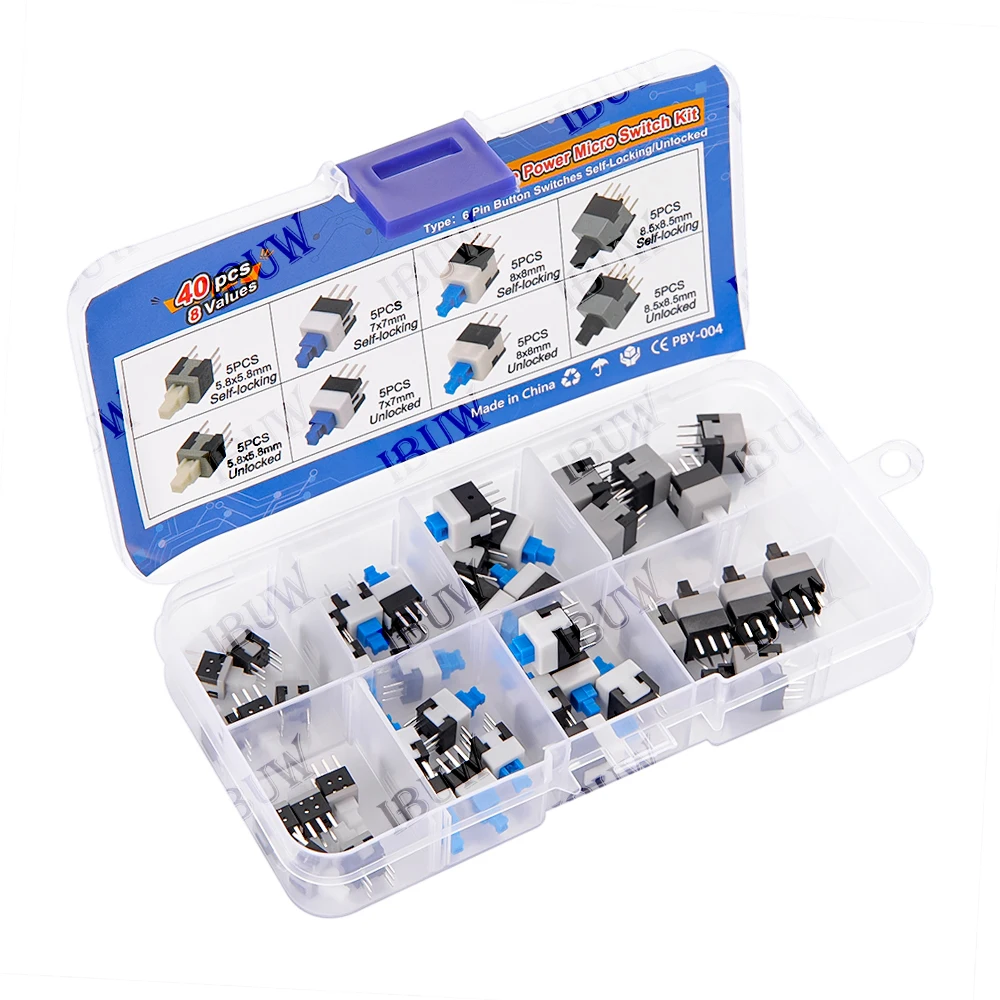 40PCS 8Valuesx5PCS Push Tactile Micro Switch Kit 6Pin Unlocked/Self-Locking for Electronics DIY KIT 8.5*8.5mm 8*8mm 7*7mm