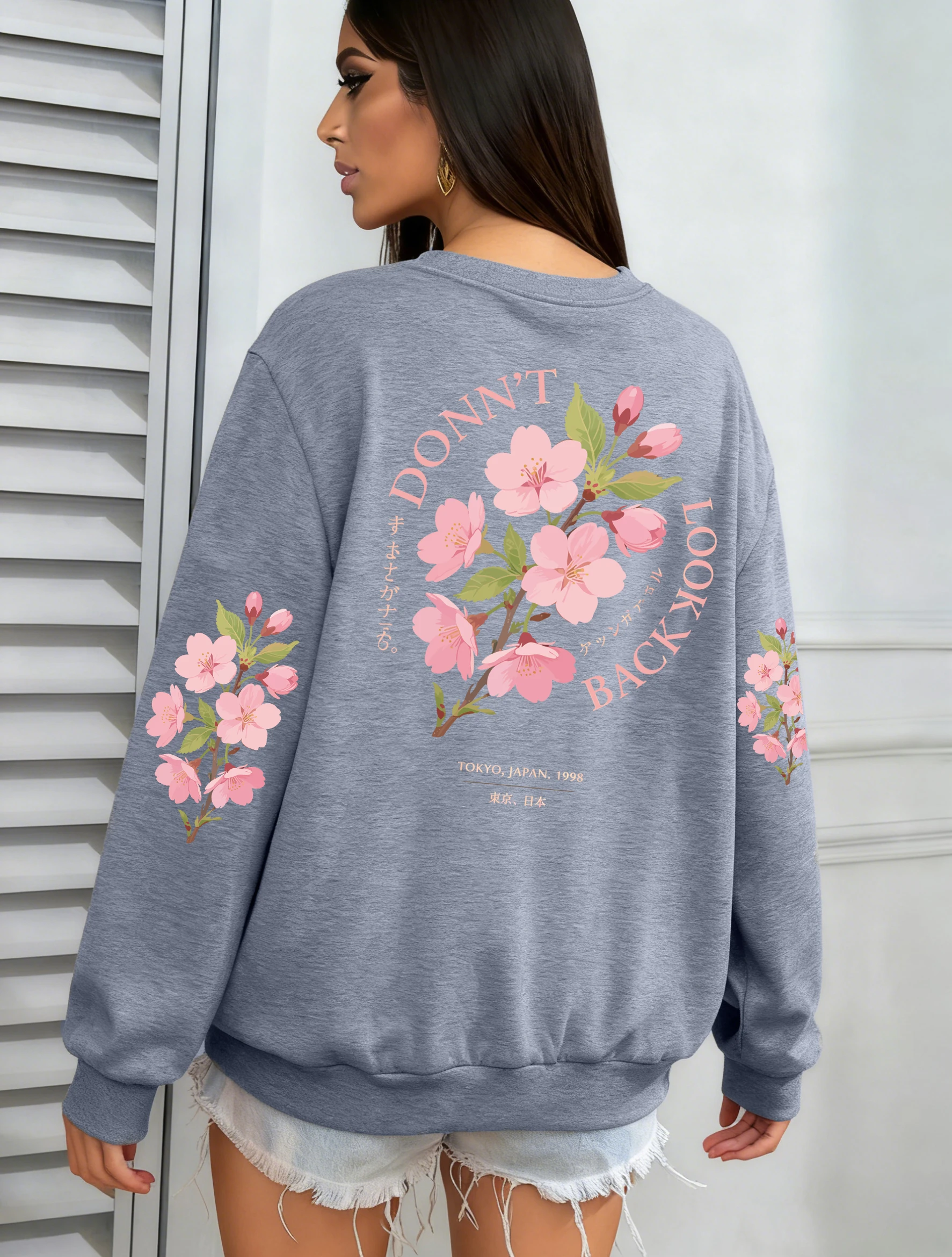 Don'T Look Back Tokyo Flower Design Womens Sweatshirts Y2K Loose Pullover Autumn Fleece Streetwear Casual O-Neck Clothes
