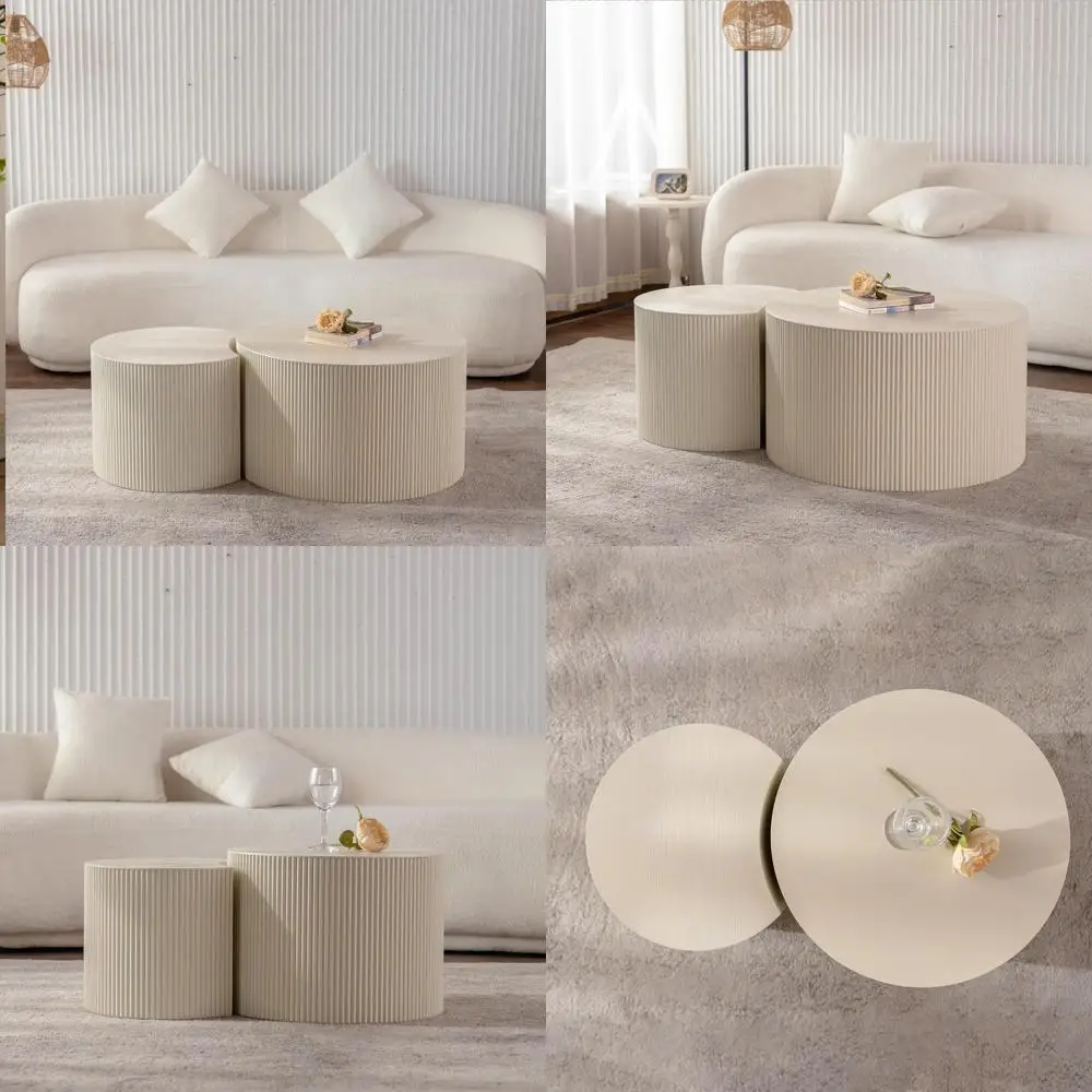 طقم طاولة قهوة متداخلة حديثة مخططة باللون البيج، طاولات طبلة دائرية خشبية لهجة مركزية #1