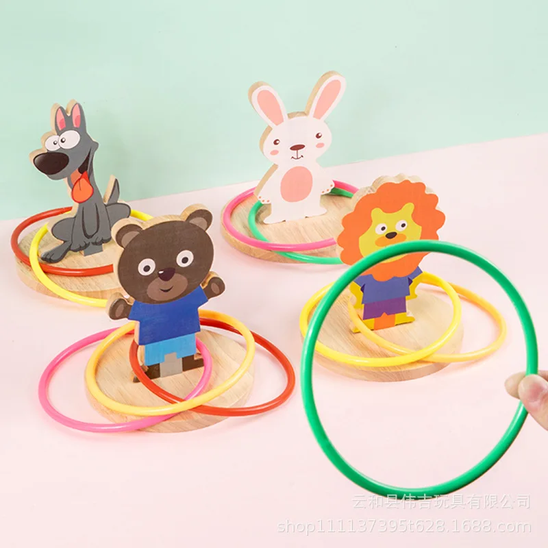10 stks Plastic Ringen + Houten Dierenset Kids Ring Toss Booth Carnaval Tuin Buitensporten Speelgoed Gooien Snelheid Training Games
