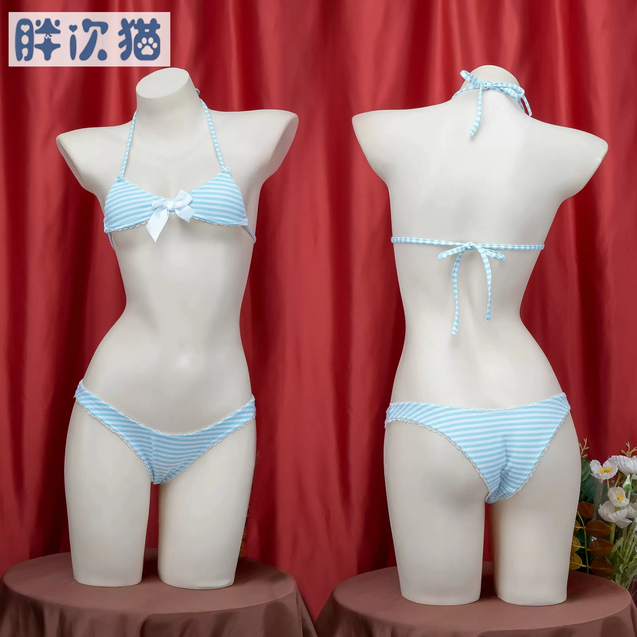 Três Ponto Listrado Bowknot Bikini, Conjuntos De Roupa Interior De Bandagem, Escola Cosplay Traje, Uniforme Meninas, Estilo Japonês