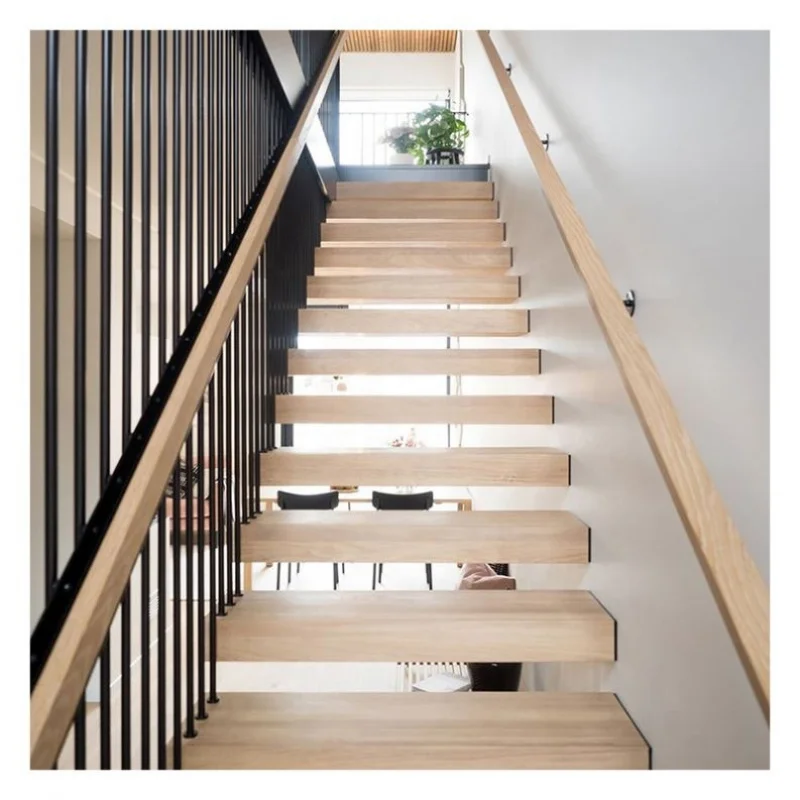 custom.Alucasa Modern Design Interior Straight Wooden Floating Stair Tread Steps Tempered Glass Staircase