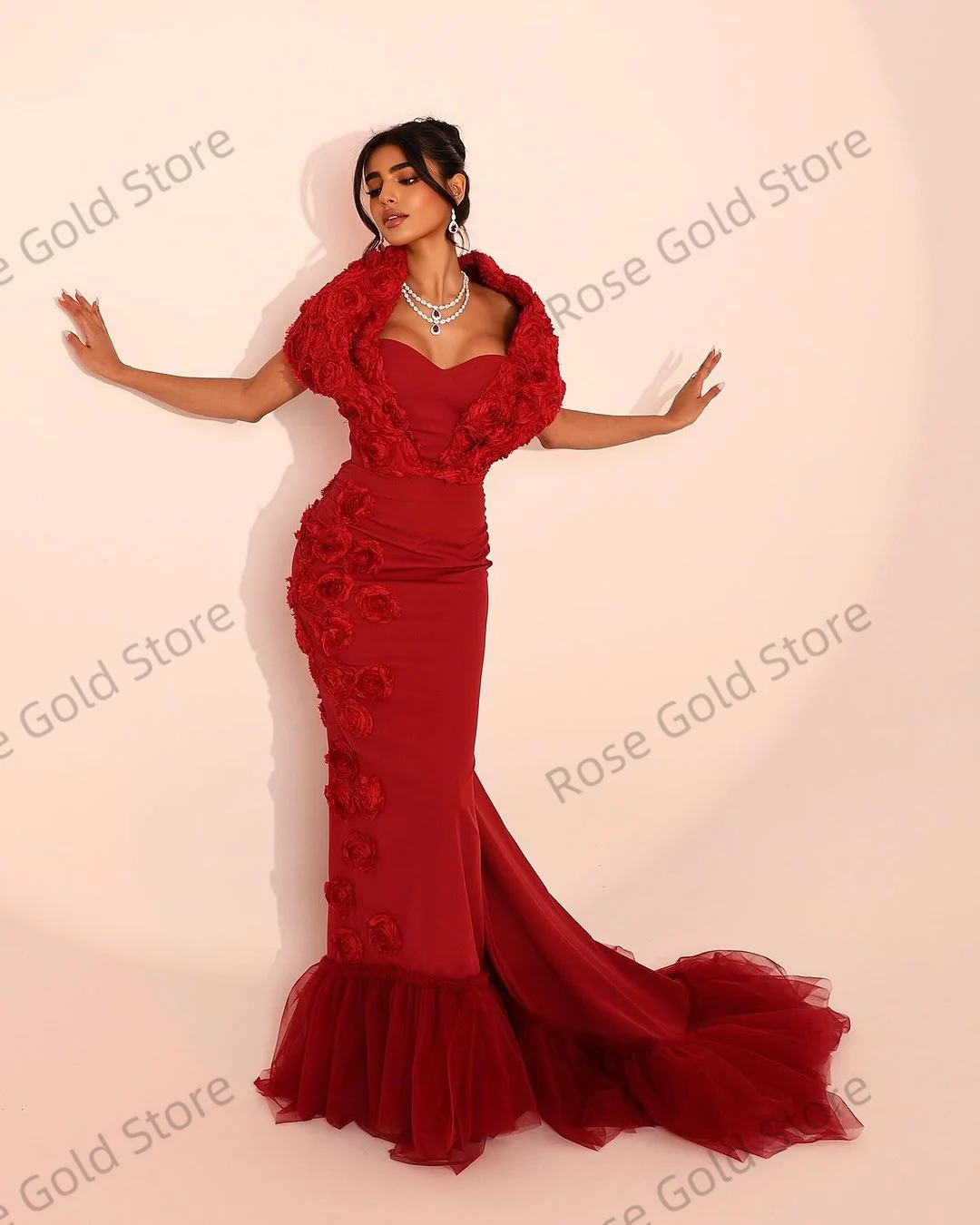 Elegante rode zeemeermin galajurk voor dames halter lange vestidos de fiesta met kanten bloemen formele feestjurken op maat