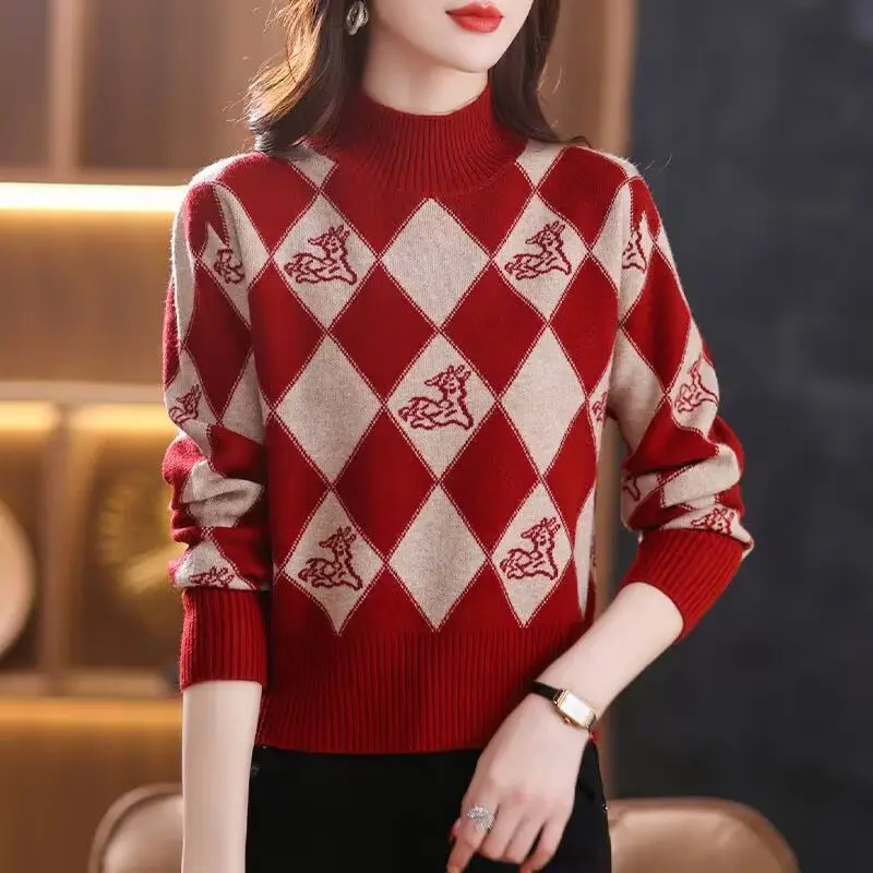 Vintage Women Half High Neck Plaid Sweater Autumn Winter Simple Jacquard Long Sleeve Korean Fashion Casual Knit Pullovers Tops