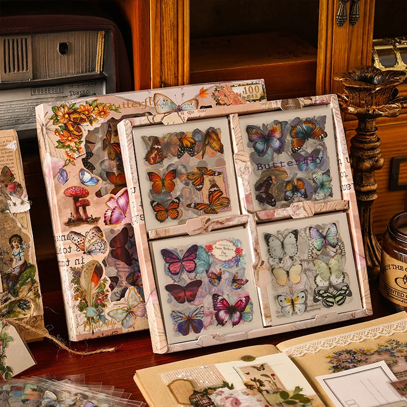 

100Pcs Retro Butterfly Flower Plant Stickers Large Capacity Box Set Clipbook Diy Decorative Material Stickers