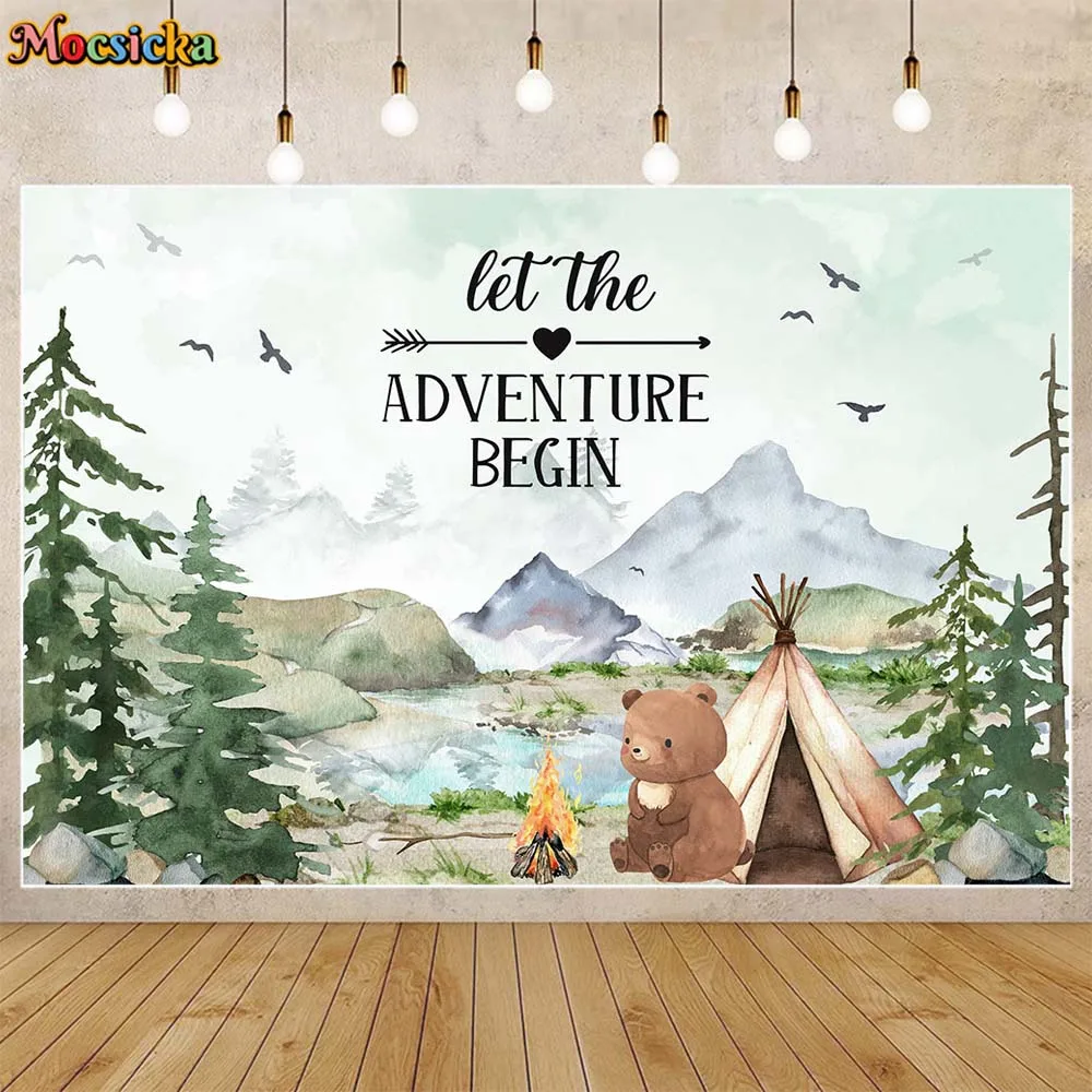 

Mocsicka Let's The Adventure Begin Photo Background Wild Forest Bear Tent Camping Baby 1st Birthday Party Decor Backdrop Banner