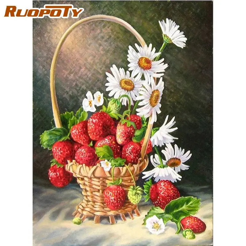 

RUOPOTY Painting By Number Strawberry Oil Paint Drawing On Canvas HandPainted Flower Wall Picture For Living Room Handmade Gift