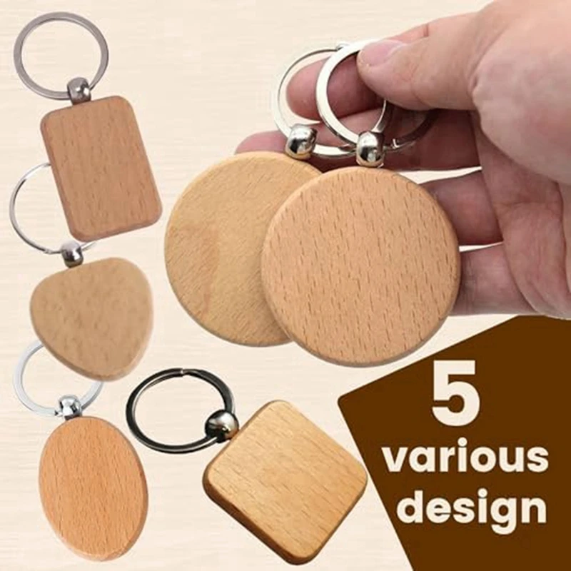 Blank Wooden Key Chain- Mixed Shapes Unfinished Wooden Key Tags For DIY Gifts Engrave Crafts