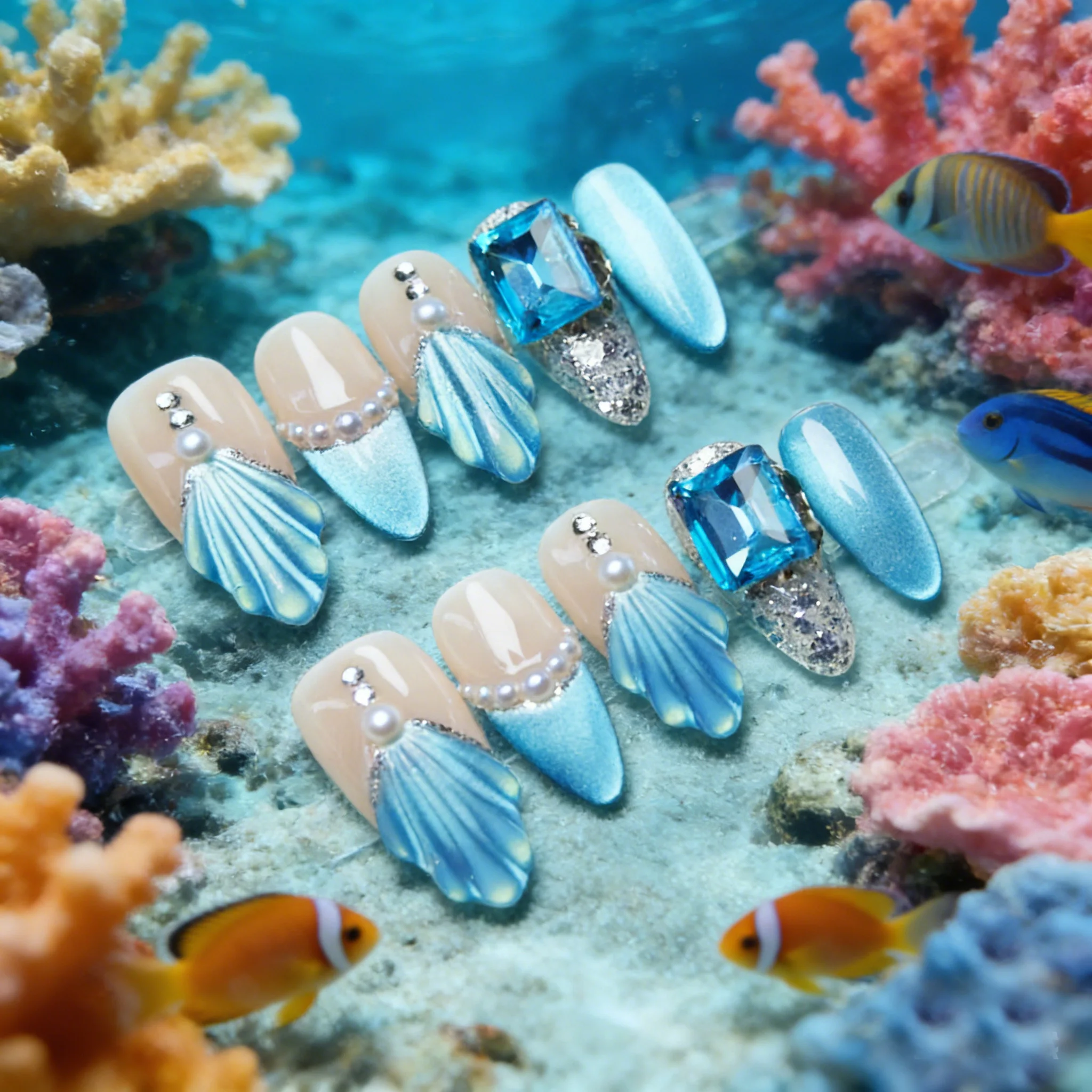 

10Pcs Blue Fishtail Handmade Nails Pearl Diamond Press on Nail Medium Long Almond Full Coverage Nail for Women&Girl False Nail