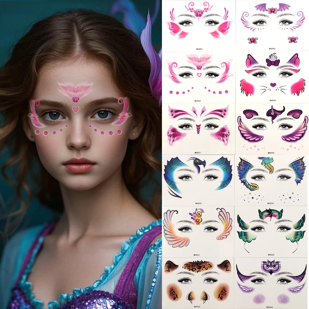 

Colorful cute butterfly children and girls show facial face painting stickers, dream butterfly tattoo stickers, eye corners