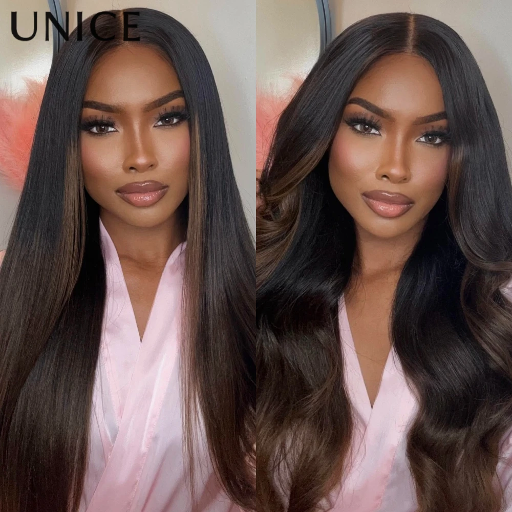 UNice 7x5 & 13x4 Lace Black to Chestnut Brown Ombre Yaki Straight Wig With Invisi Drawstring Pre Cut Pre Bleached Glueless Wig