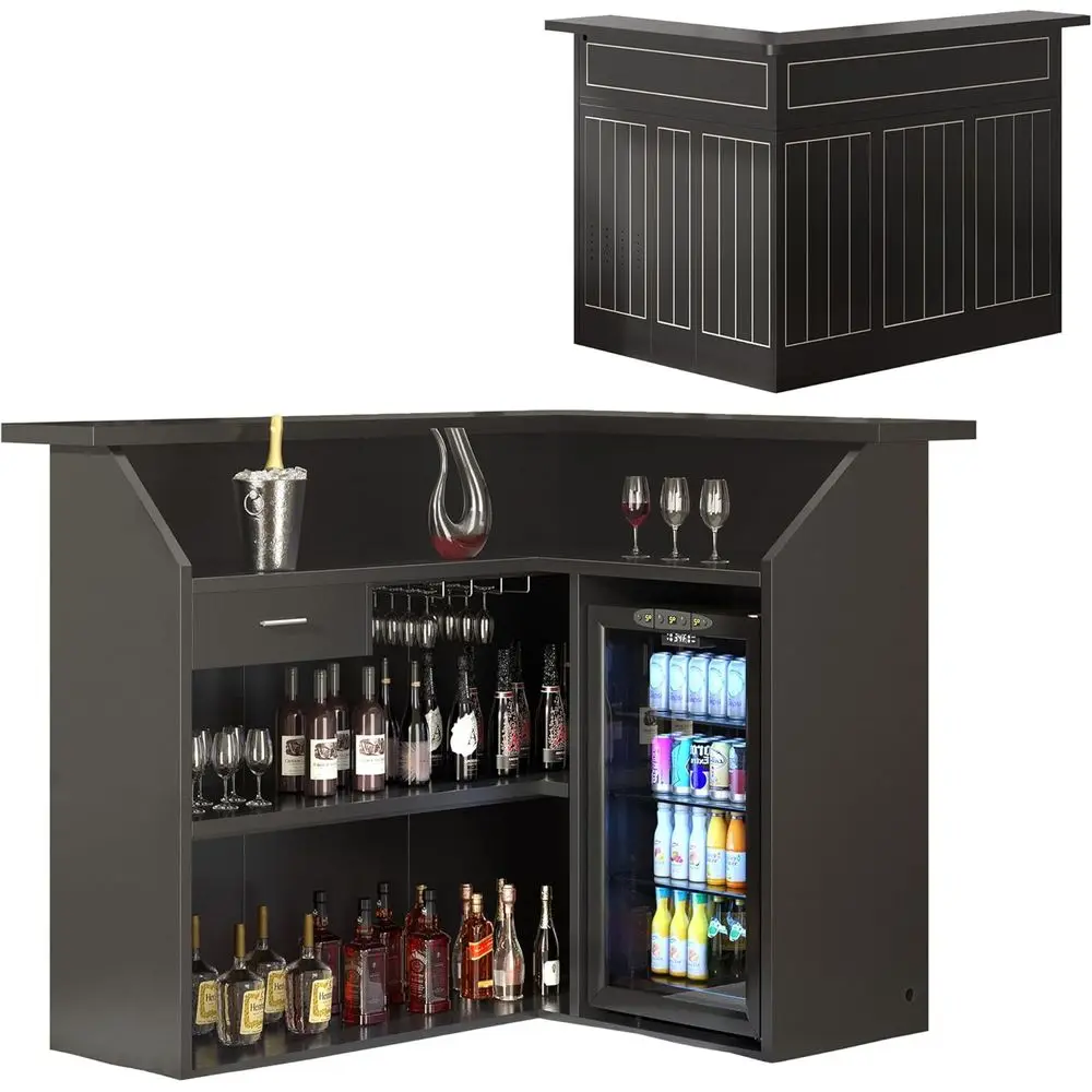 

Светодиодный L-образный домашний бар с отсеком для хранения, местом для алкоголя и вина, розеткой и держателем для стаканов для гостиных и подвалов