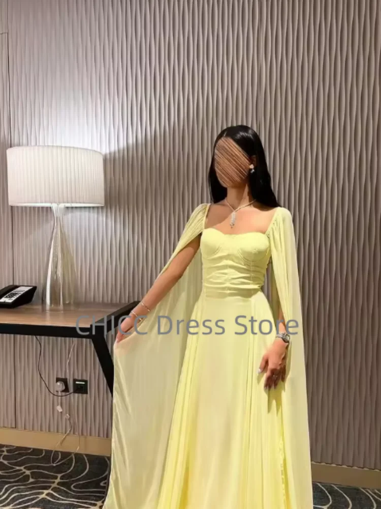 Vestidos de fiesta amarillos Manga larga flotante Cuello cuadrado Una línea Vestidos de noche de gasa Vestidos de fiesta para ocasiones especiales Personalizados