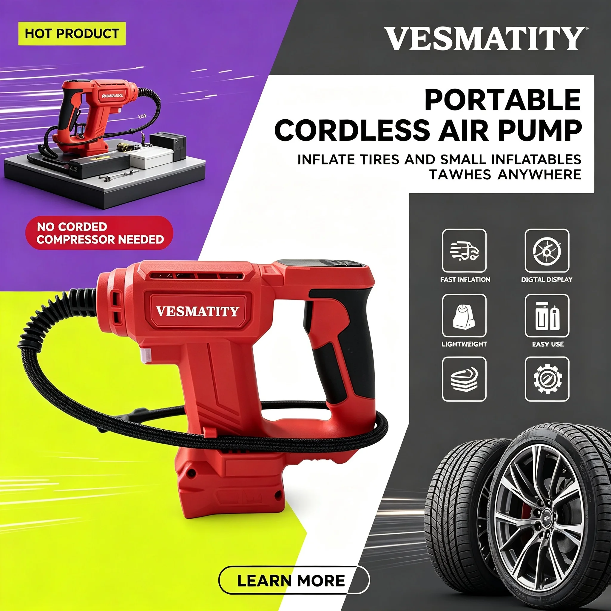 Fast Inflate Electric Air Pump Cordless Car Tyre Inflator Portable Air Compressor Fit Milwaukee Battery for Cars Bicycles