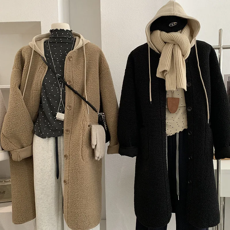 

Premium Faux Lamb Fur Jaet Women's Mid-Length Hooded Thiened Winter Coat Vintage Sle Detachable Sve Long Coat