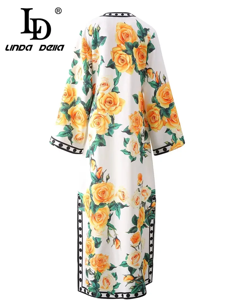 LD LINDA DELLA 2024 Summer Fashion Dress Women Bohemian Floral Print Polka Dot Side Split V-Neck Temperament  Loose Dresses