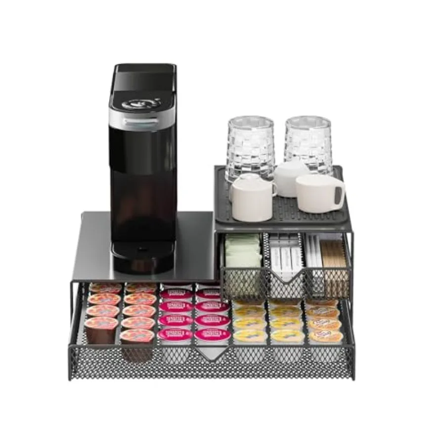 K Cup Organizer for Coffee Station - Sturdy Machine Base 60 Coffee Pod Storage Drawer Non-Sagging Stand Compatible with Keurig