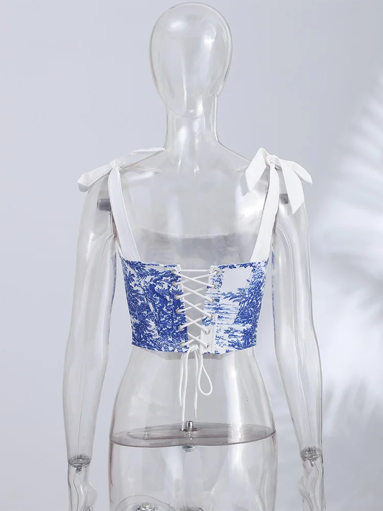 Bedruckte Schnür-Korsett-Tops für Damen, sexy, trägerlos, ärmellos, rückenfrei, schmal geschnitten, unregelmäßiger Saum, kurzes Top, neu, Partykleidung – Detail 5