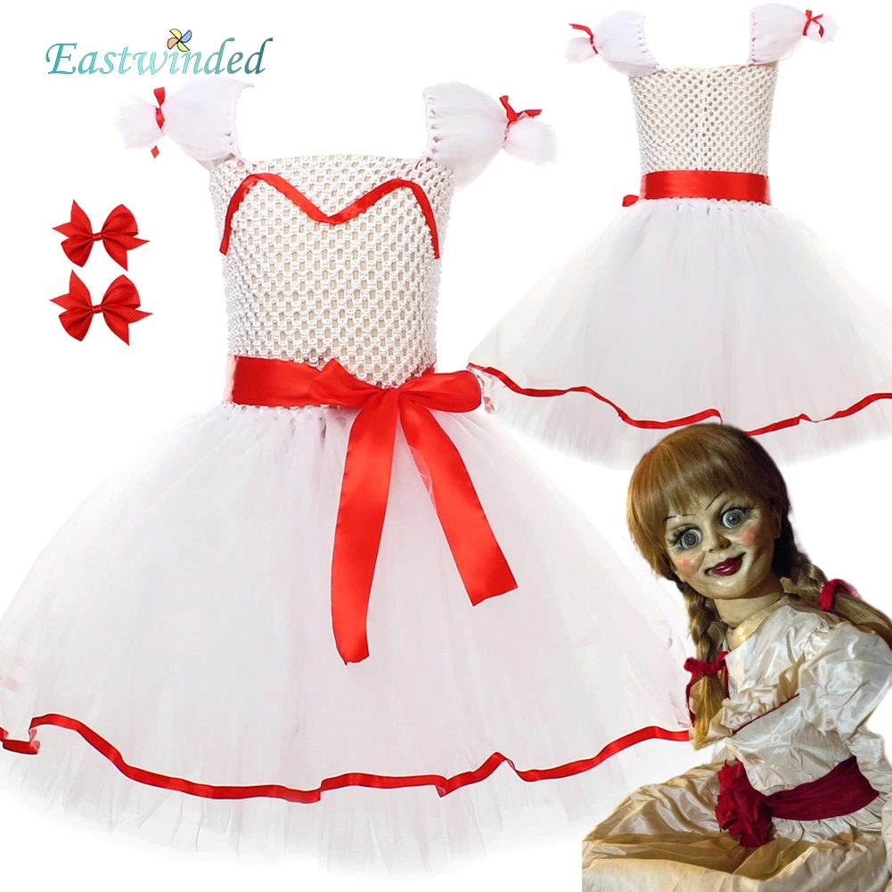 Disfraz de Annabelle de película de terror para niños y niñas, vestido blanco, falda de juego de rol, pinzas para el pelo con lazo, traje de fiesta de Carnaval y Halloween