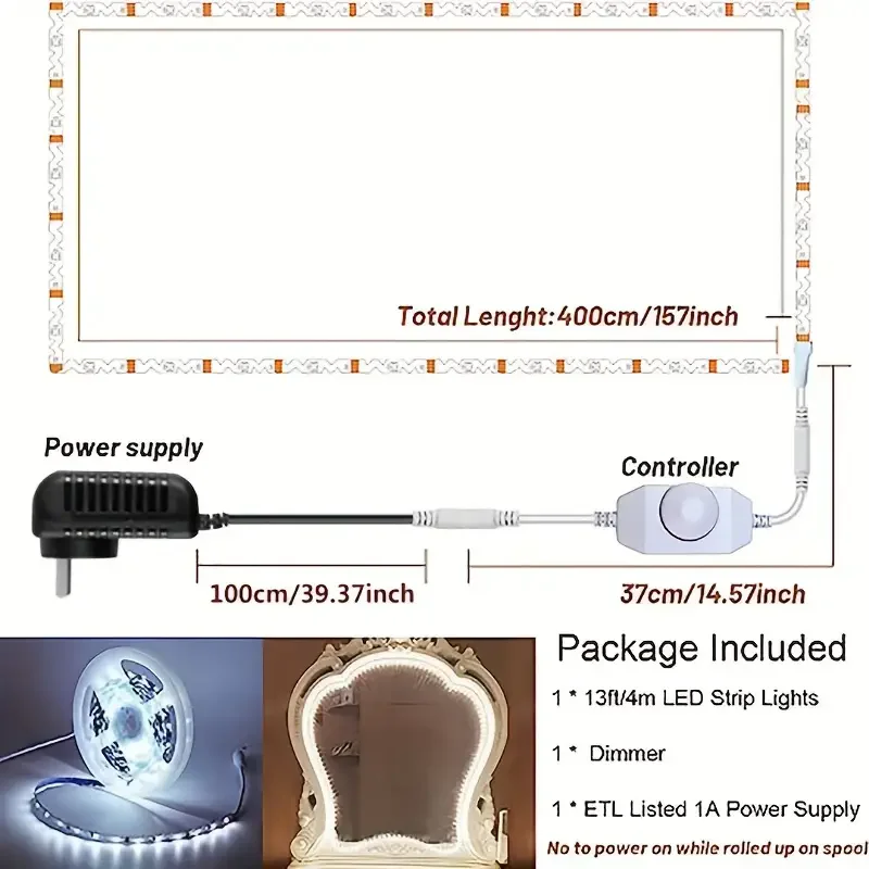 13ft/4m Led Vanity Mirror Light,Bendable Without Cutting,Makeup Mirror Coat Room Adjustable Light, With Dimmer And Power Supply