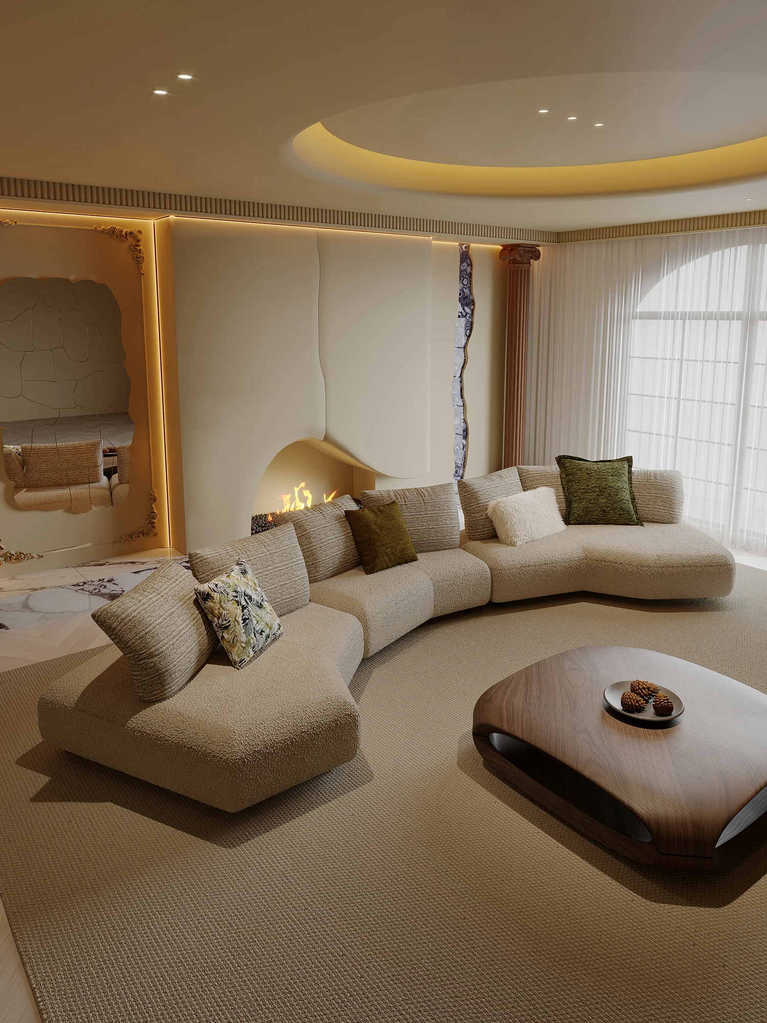 Champagne Boucle S Shaped Curved Modular Sofa Channel Stitch Seats Deep Seat Low Back For Living Room Villa Bedroom Home