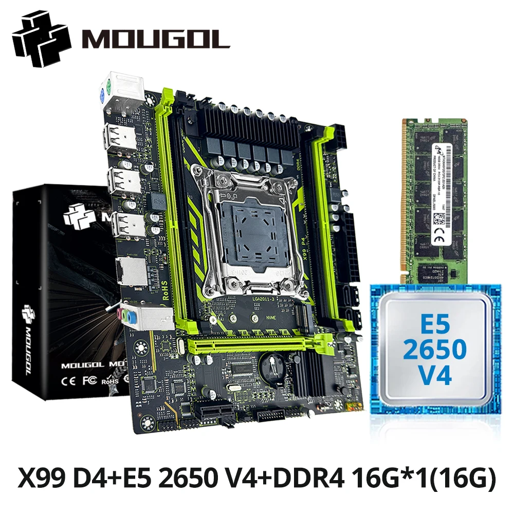 

MOUGOL X99 Gaming Motherboard Set with Intel Xeon E5 2650 V4 & DDR4 16G*1 2133MHz Dual Channel RAM M.2 NVME for Desktop Host