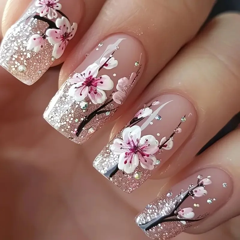 

24Pcs Mid-length Square Head Fake Nail Peach Blossom Press on False Nails Shiny Powder Rhinestone Wearable Full Cover Nails Tips