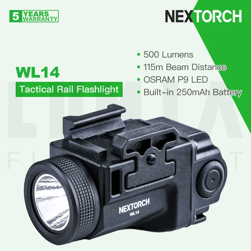 

NEXTORCH WL14 Rechargeable Compact Mini Tactical Flashlight, Compatible with MIL-STD-1913 and Glock, 500 Lumens 115m Beam