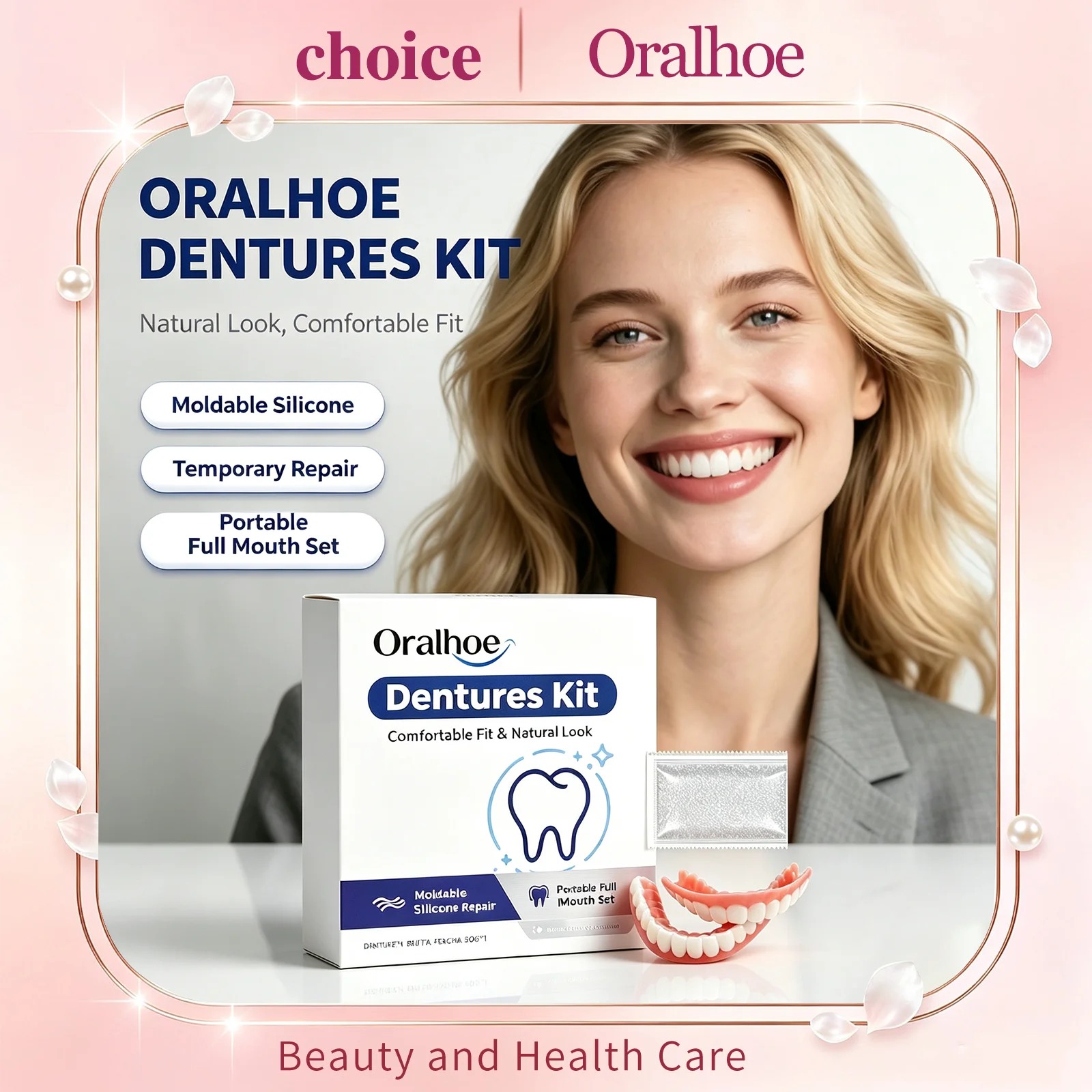 ORALHOE Tooth Decoration Set Moldable Silicone Dentures Full Set Over Gums Temporary Repair Portable Full Mouth False Teeth Kit