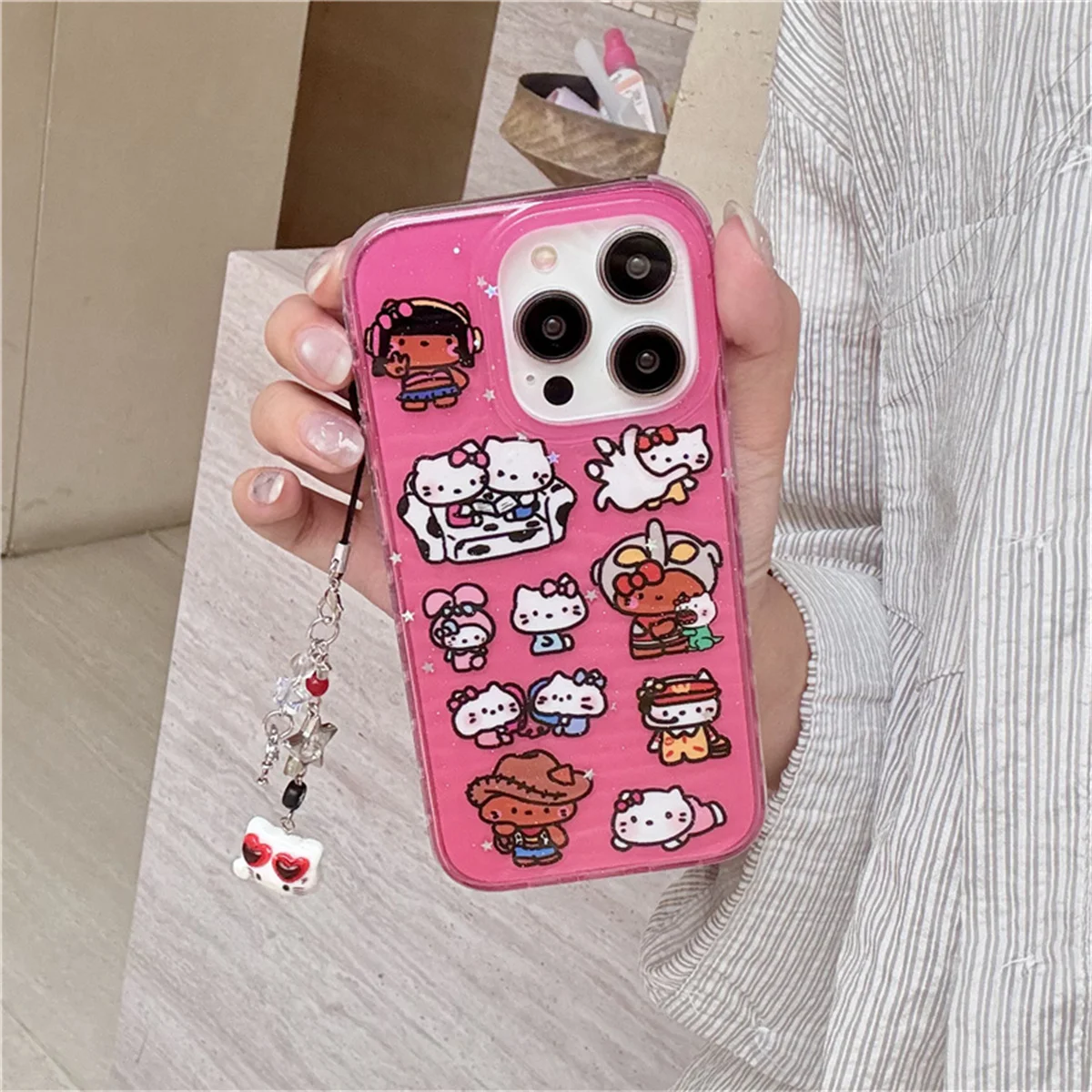 

Kawaii Cartoon Hello kitty Phone Case For iPhone 16 Pro 15 14 Pro Max Cover with Chain Shockproof Protective Cases