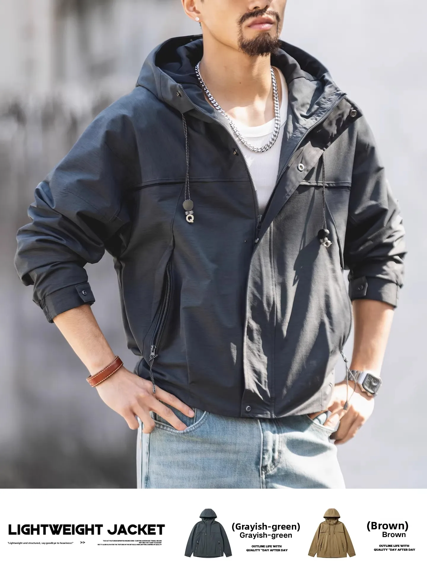 

Loose Fit Men's Hooded Jaet Outdoor Casual Workwear Spring Autumn Lightweight Cargo kets Anti-Wrinkle Chinese Brand