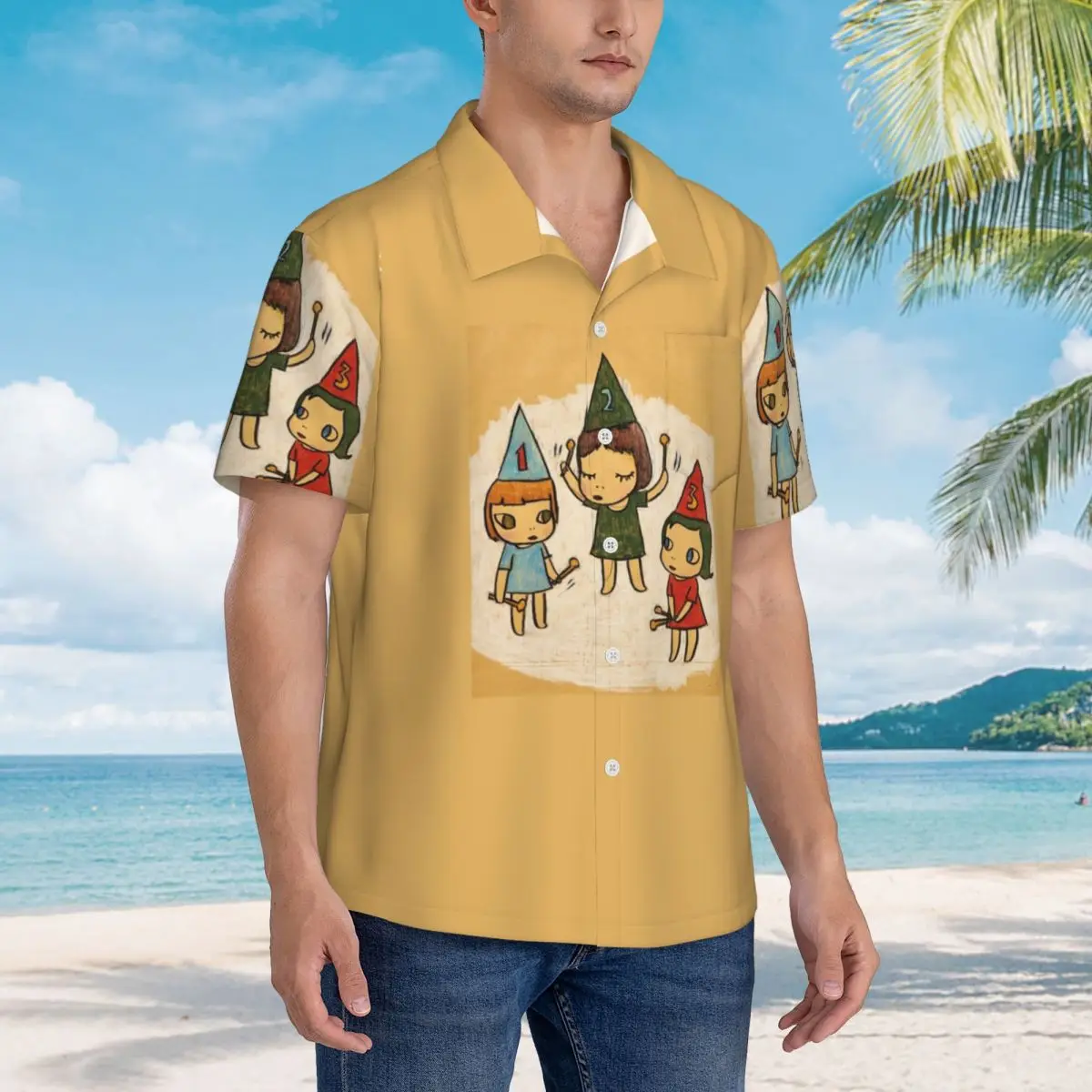 

Забавные гавайские рубашки Yoshitomo Nara, забавная мужская рубашка с коротким рукавом для лета, пляжные мужские топы с лацканами