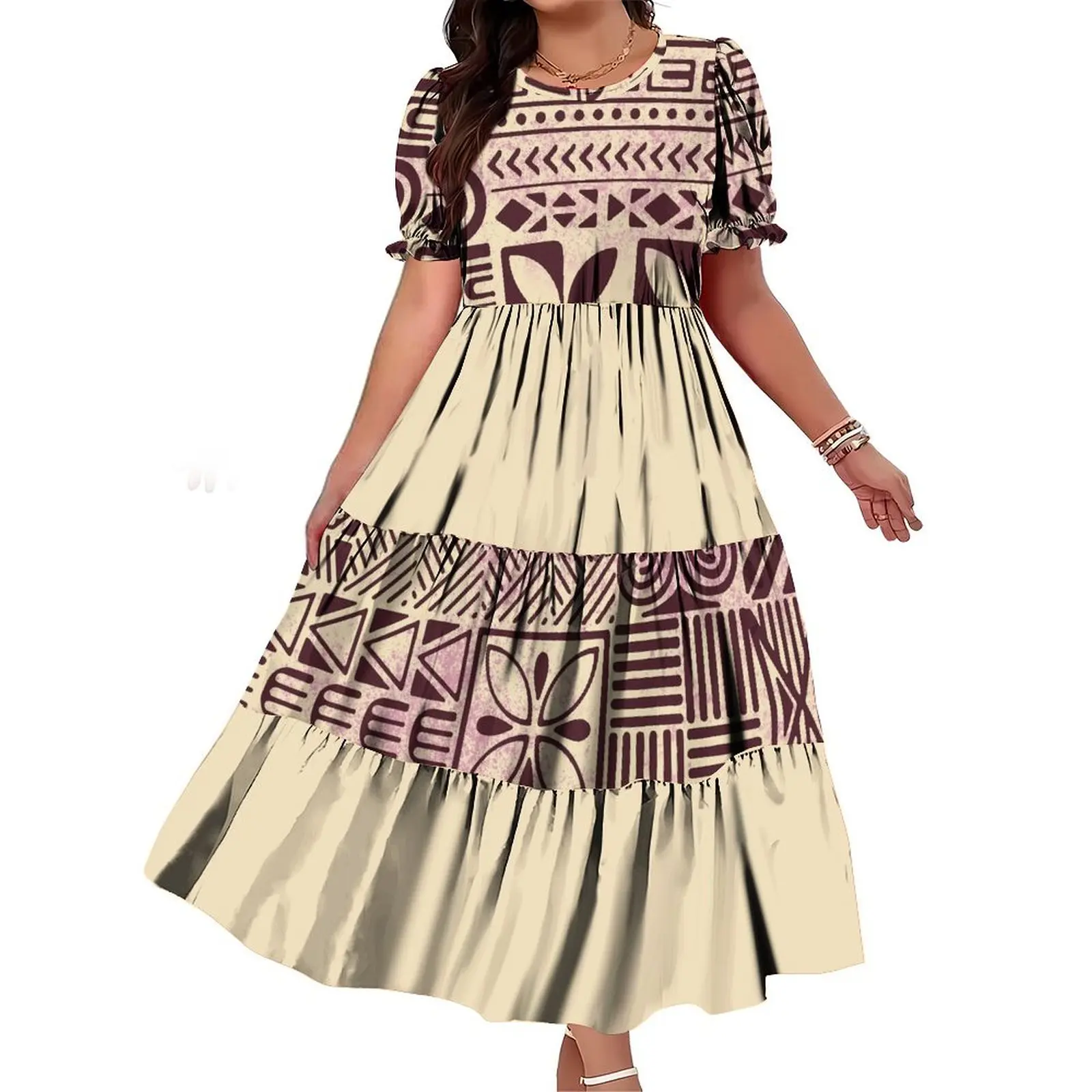 

Best Price Custom Hawaii Style Design Casual Dress Ladies Puff Short Sleeve O Neck Dress Tiered Ruffle Easter Island Long Dress