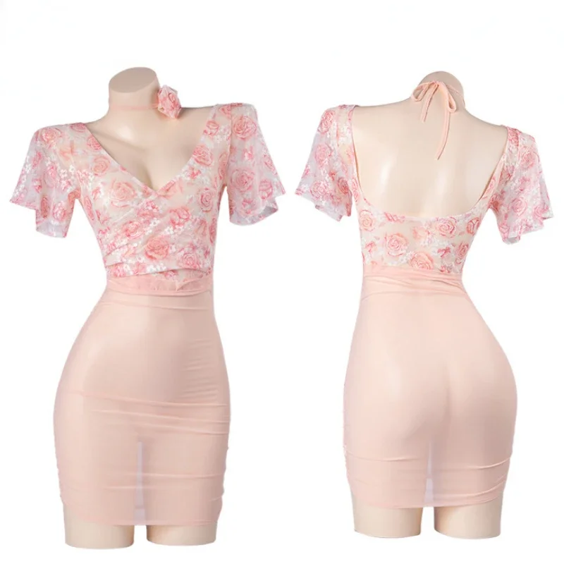 Sexy Deep V Rose Flora Mesh See Through Mini Dress Women Backless Bodycon Nightdress Role Play Underwear Lingerie Outfits