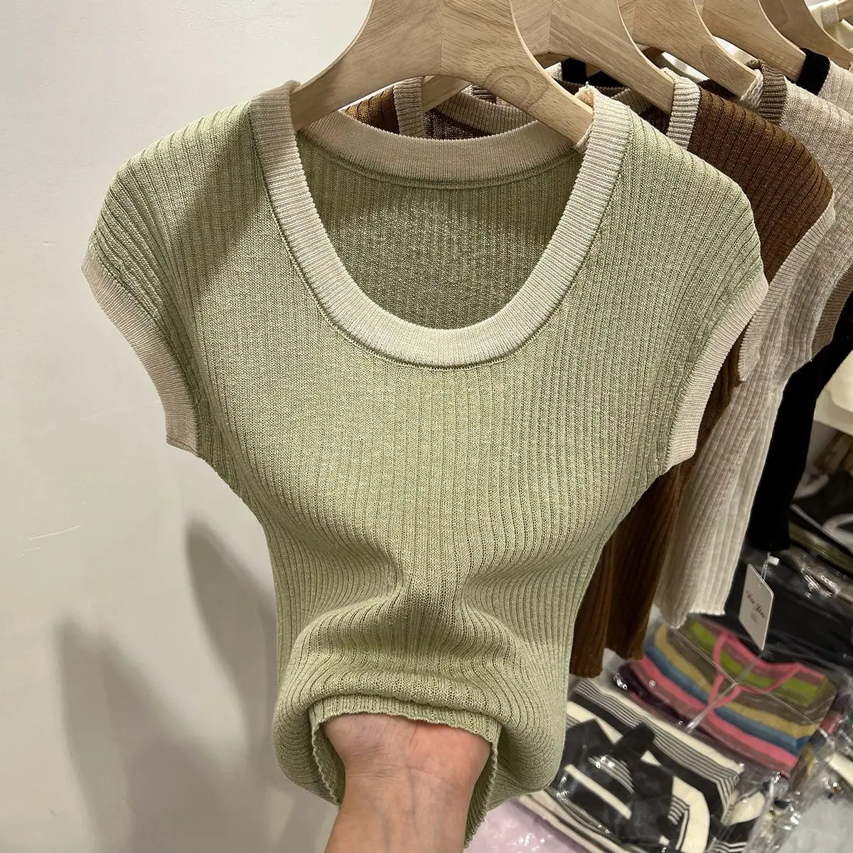 Summer 2024 New Color Contrast Short Sleeve T-Shirt Round Neck Knit Top Women\'s T-shirt Slim Fit Pit Strip Base Shirt Women Vest