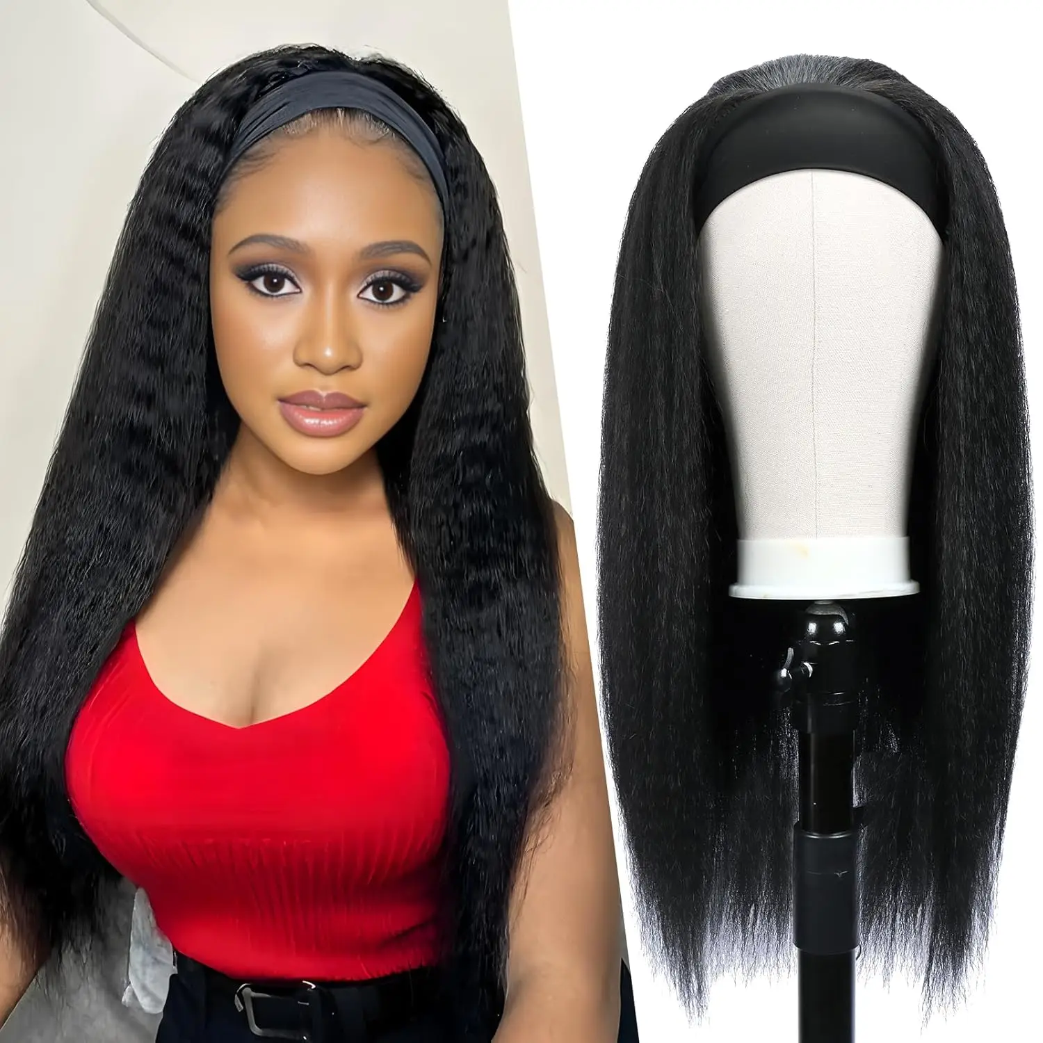 

Парик с повязкой на голову, прямой, из натуральных волос, для чернокожих женщин, без клея, без кружевной основы, с повязкой, из натуральных волос