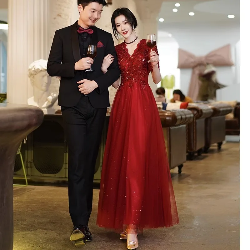 

Robe de soiree Wine Red V-Neck Slim Formal Dress Wedding Elegant Evening Dresses Formal Party Dress Prom dresses Luxury Dress