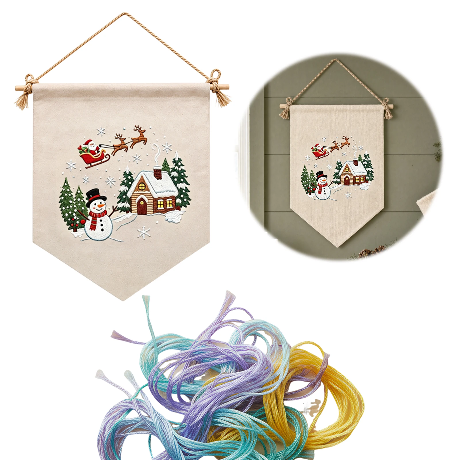 Beginner DIY Christmas Embroidery Kit Triangle Wall Flag Printed Canvas Hoop Needle Thread Organizer Wooden Dowel Rope Set